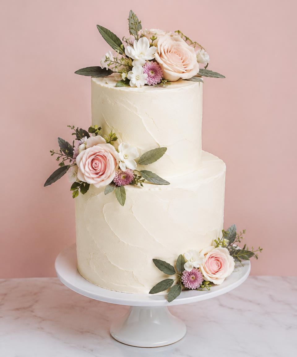 Two-tier buttercream cake decorated with roses and sage leaves