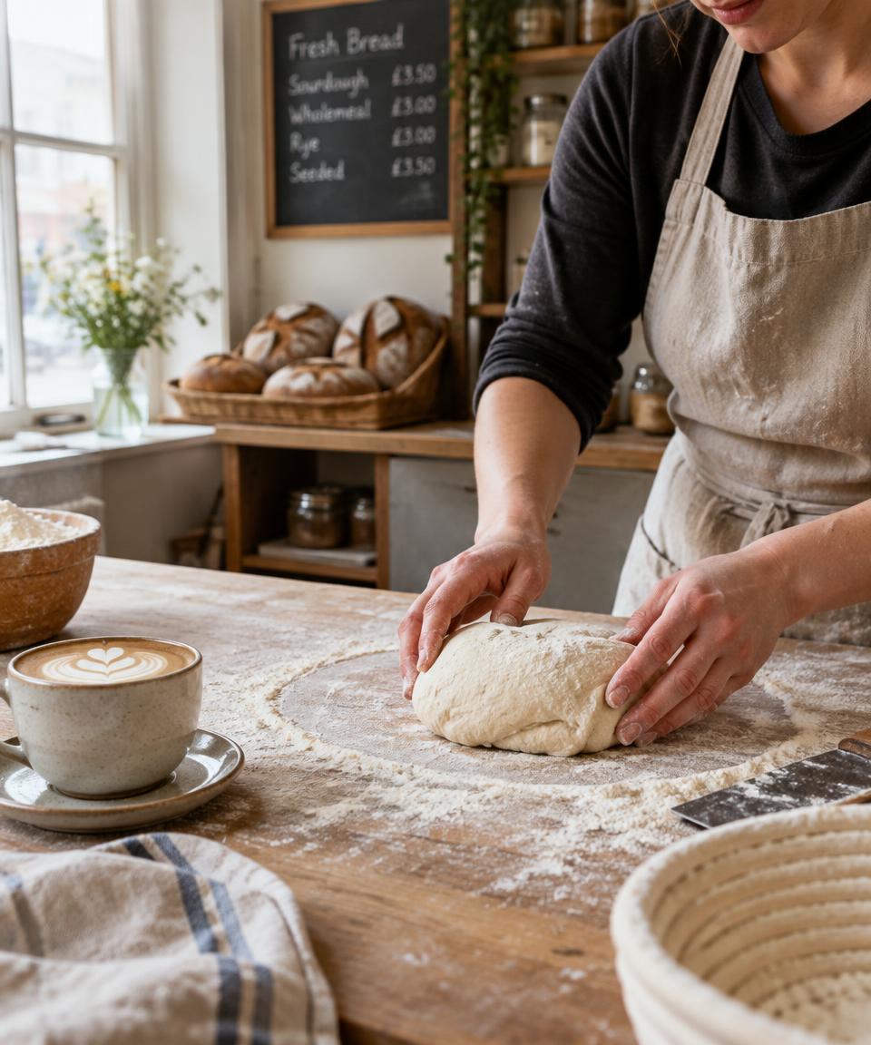A baker shaping dough beside a latte